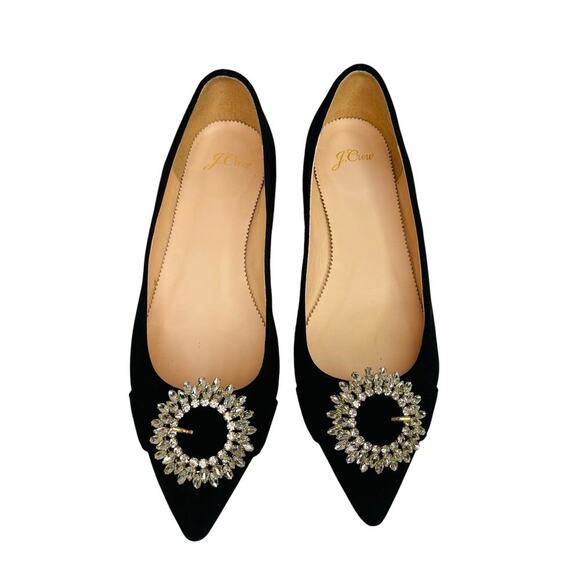 J. Crew Shoes - J Crew women’s Pointed toe black suede flats with crystal buckle size 8.5